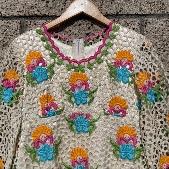 VTG *RARE* Handmade 1960s Maxi Empire Waist Bell Sleeve Lace Floral Dress - Picture 3 of 11